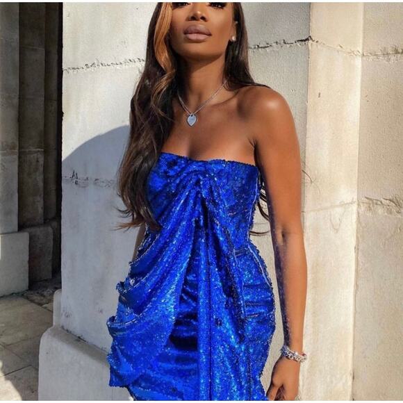 NWT House of CB LONDON GISELE COBALT SEQUIN STRAPLESS MINI DRESS XS - Picture 3 of 9